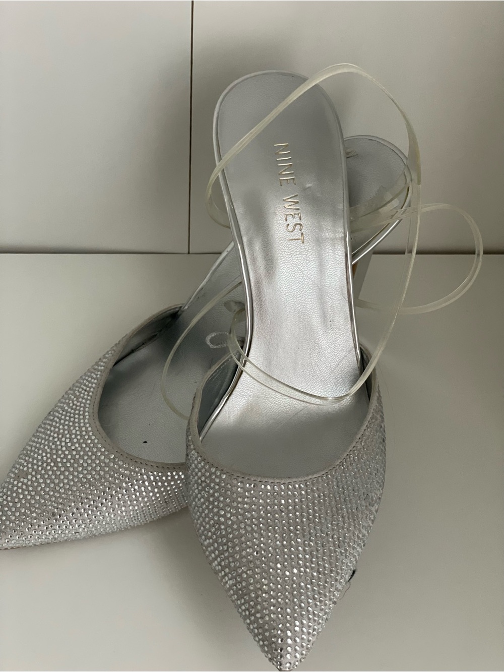Nine West Silver Crystal-Embellished Pointed-Toe Ankle-Strap Heels